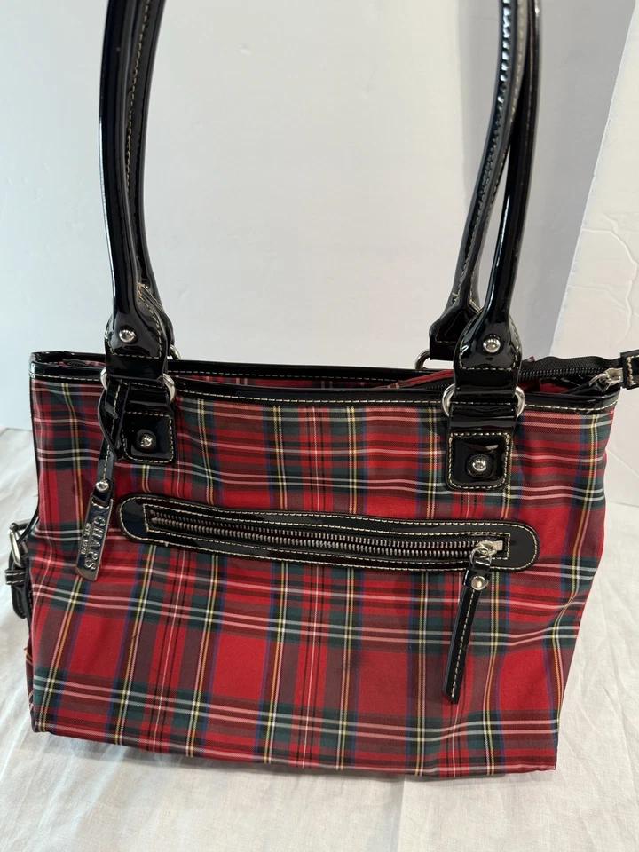 Bolso de Mano Chaps Rojo a Cuadros -🖤❤️Comprador Clásico de Tartán con Asas de Patente Negro Foto 3 de 4