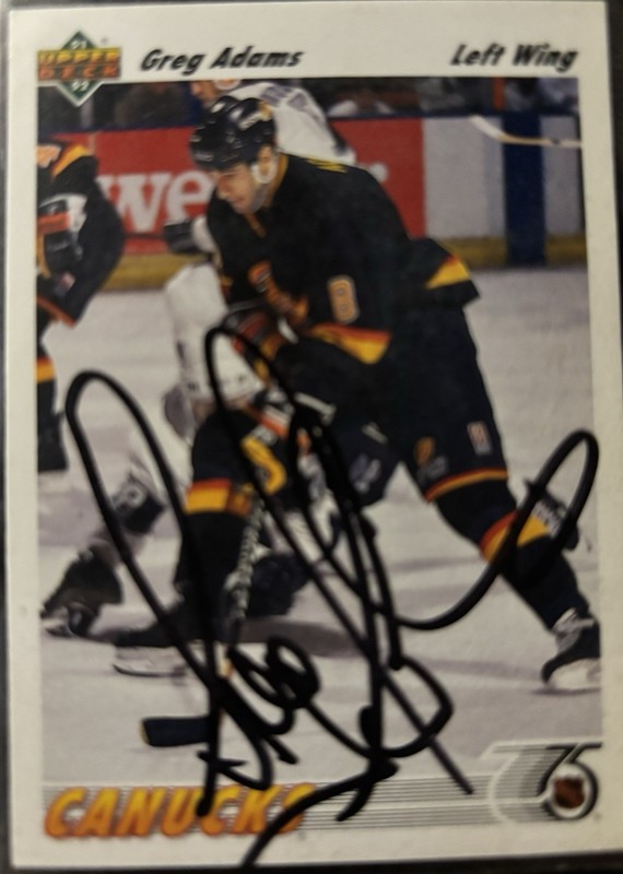 Autographed Greg Adams Vancouver Canucks hockey card (91-92 Upper Deck #426)