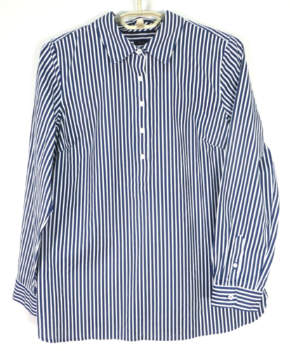 TALBOTS Women Lightweight NON IRON Cotton Blouse Navy Blue White Stripe 10P