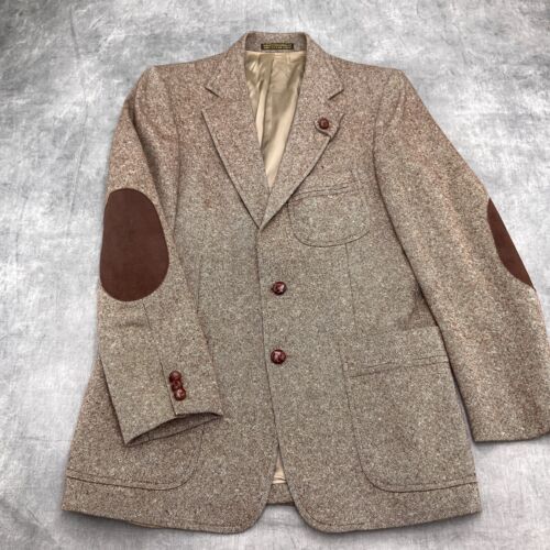 Unbranded Blazer Men 36 Brown Beige Wool Tweed Classic Suede Patches Jacket VTG - Foto 1 di 13