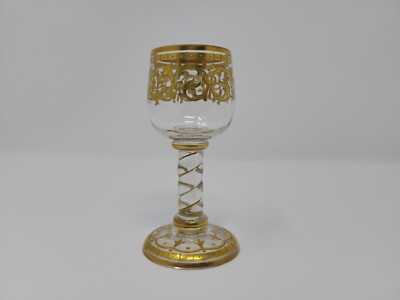 Moser Art Glass Gold Hand Painted  Cordial Glass w/ Twist Stem Glue Back