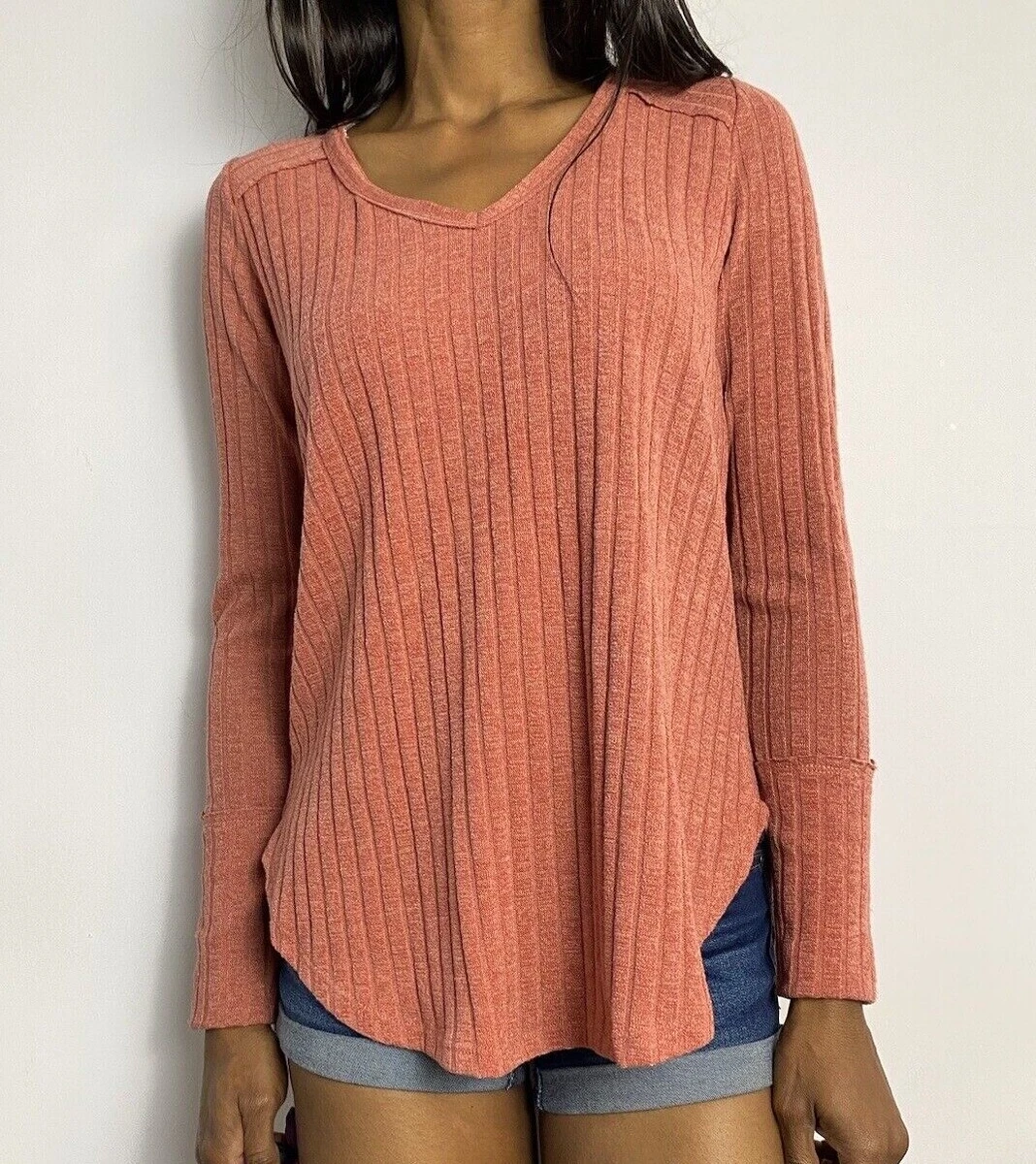 Women s Solid Mauve Pink Long Sleeve V Neck Ribbed Sweater Top