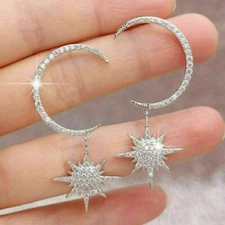 2 Ct Round Simulated Diamond 925 Sterling Silver Moon &Star Drop/Dangle Earrings