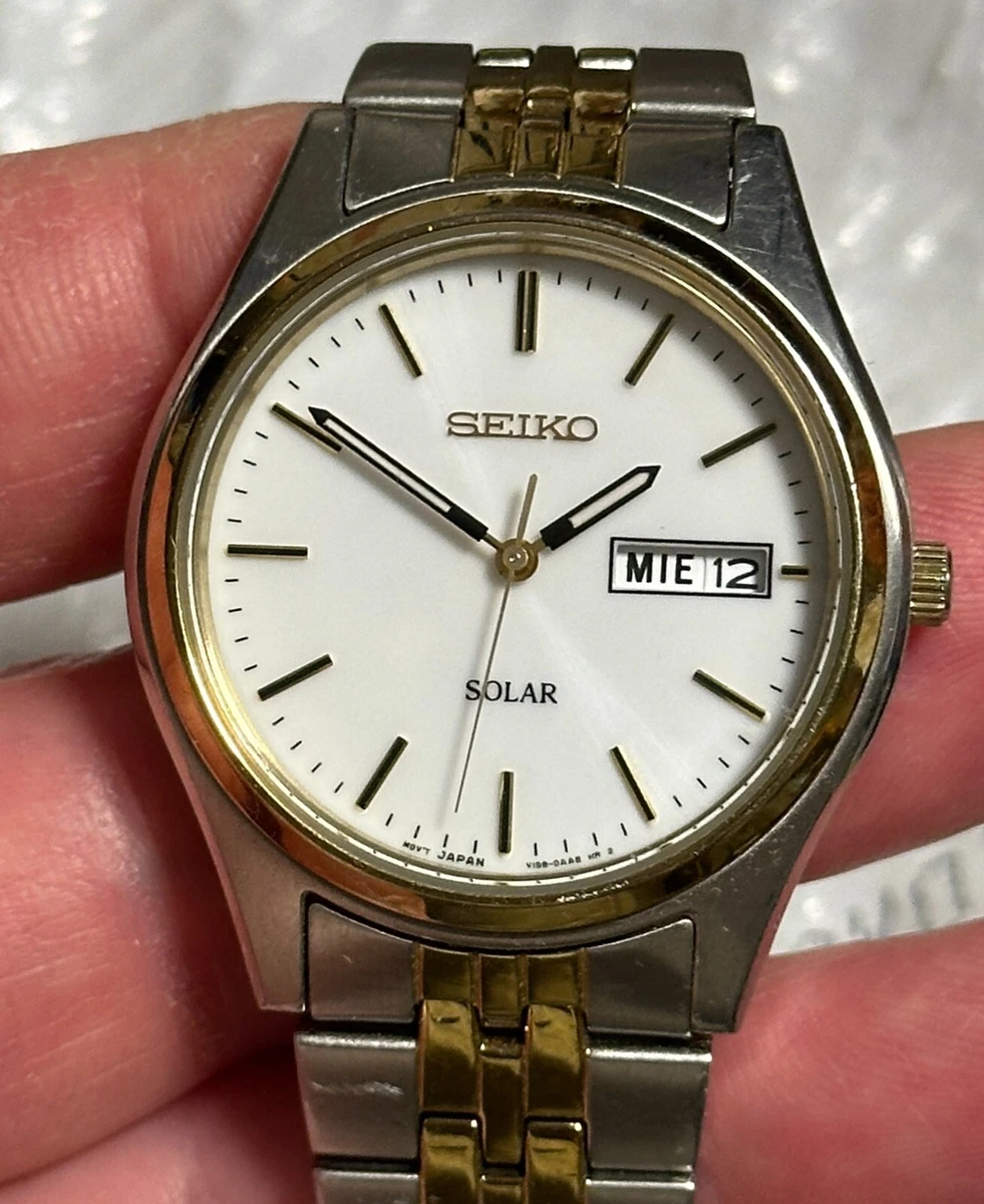Seiko Solar Watch Men Silver Gold Two Tone V158 0AA0 White needs