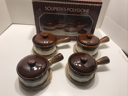 Set di 4 ciotole vintage per zuppa di cipolle gres smaltato con trivetti - Foto 4 di 8