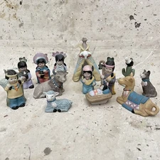 Vintage 80’s Nativity Scene Native Americans Pastel Bisque Pottery 13 Pieces