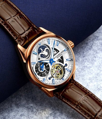 Stuhrling 3918 4 Legacy Automatique Squelette Double Heure Am/Pm Cuir Montre - Photo 6 sur 6