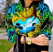 Versace X H&m Leopard Print Velvet Cropped Bomber Jacket Uk 6 Eu 34