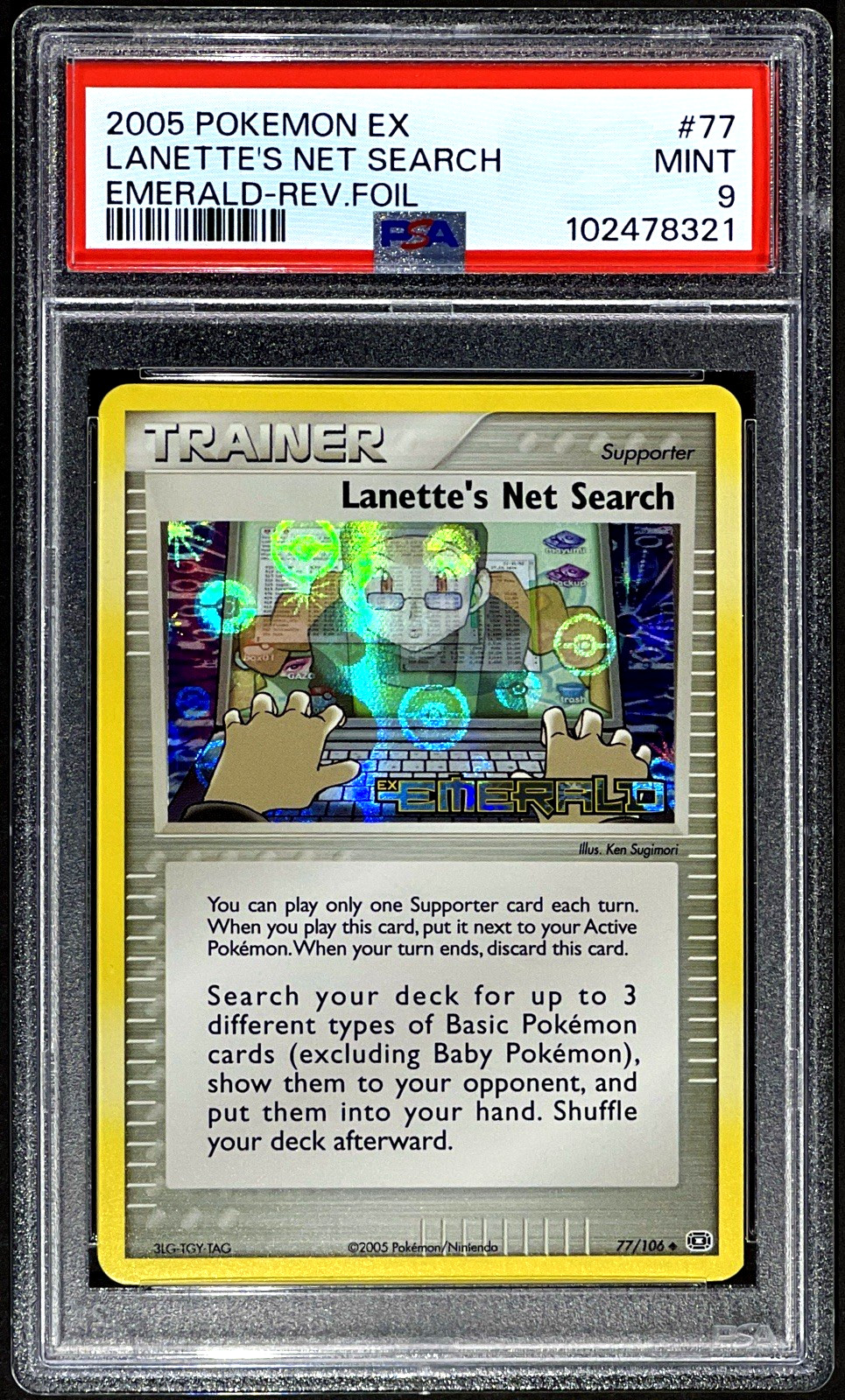 2005 Pokemon LANETTE'S NET SEARCH Ex Emerald REVERSE HOLO Foil Card 77/106 PSA 9