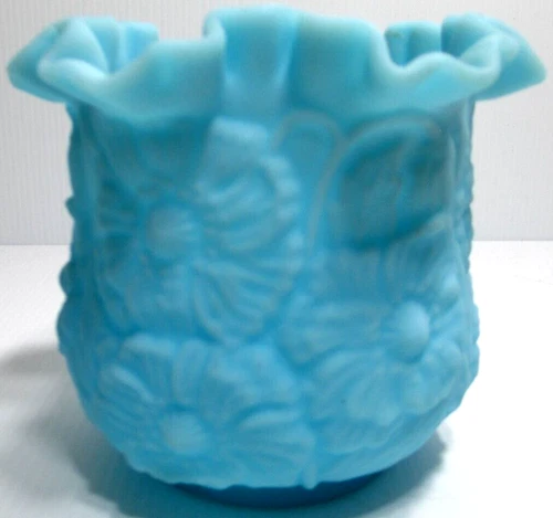 Vintage Fenton Glass Vase Poppy Blue Satin Frosted 5 3/4" Tall  6 5/8" Rim D