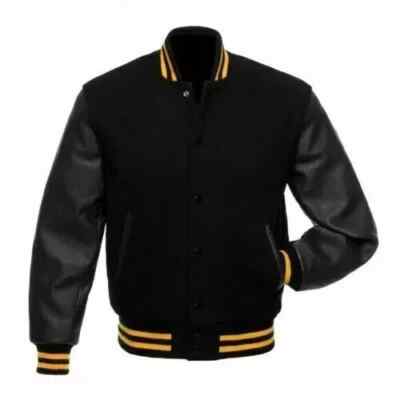 Varsity Letterman Baseball Jacket with Wool and Genuine Black Leather Sleeves