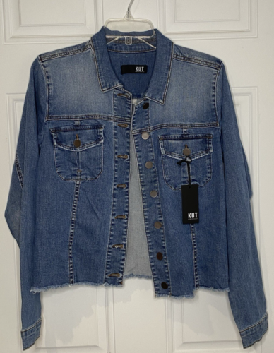Kut from the Kloth Jean Jacket XL Womens Blue Kara Denim Frayed Cut off Cropped