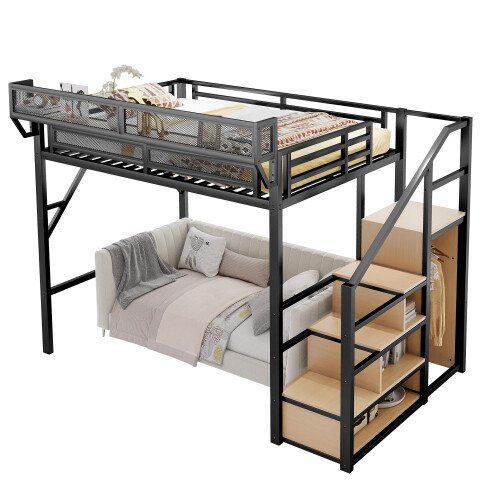 Metal High Loft Bed with Wardrobe Stairs Storage Shelf Full Queen Size Bed Frame