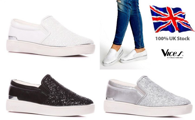 Womens-Ladies Flat Glitter Sneakers Slip On Pumps Casual NEW*UK STOCK Womens-Ladies Flat Glitter Sneakers Slip On Pumps Casual NEW*UK STOCK