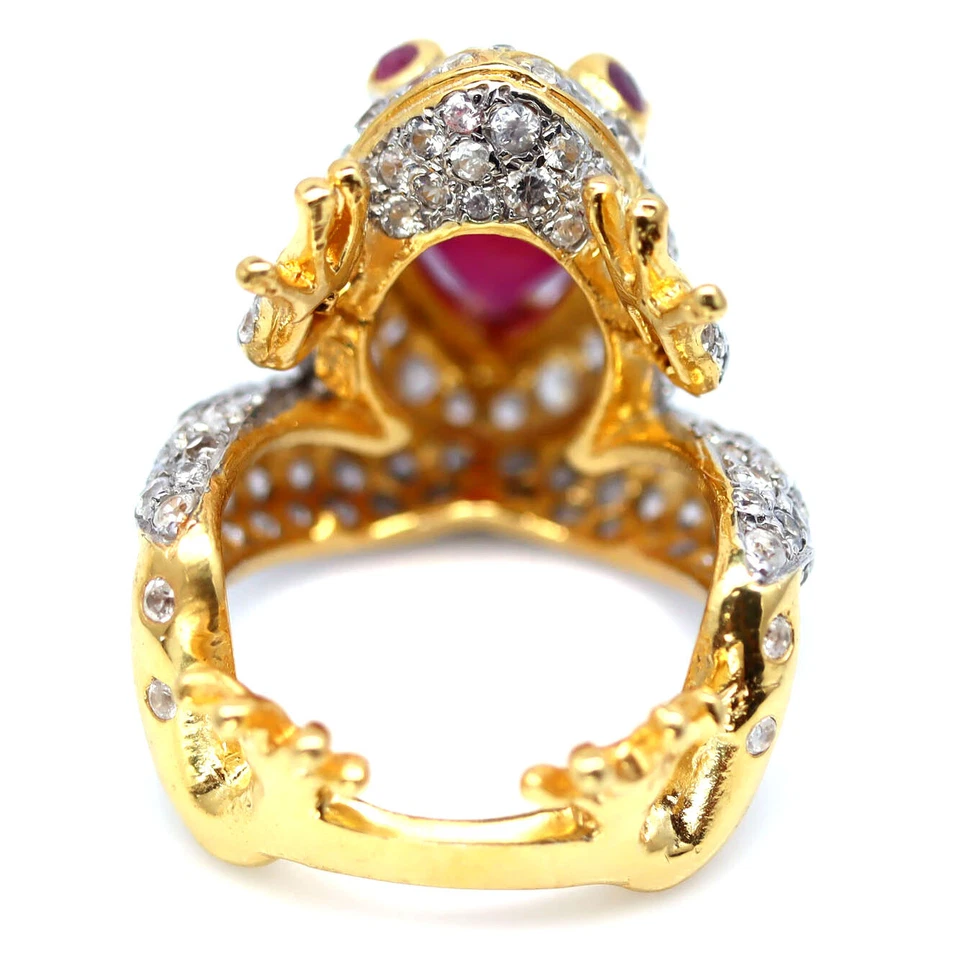 Piedras preciosas 10 x 13 mm. Anillo de plata 925 con rubí rojo y circón blanco rana para hombre talla 7,5 Foto 3 de 4