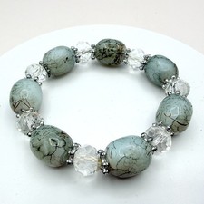 Vintage Silver Tone Beaded Stretch Bracelet Green Simulated Turquoise Glass Boho
