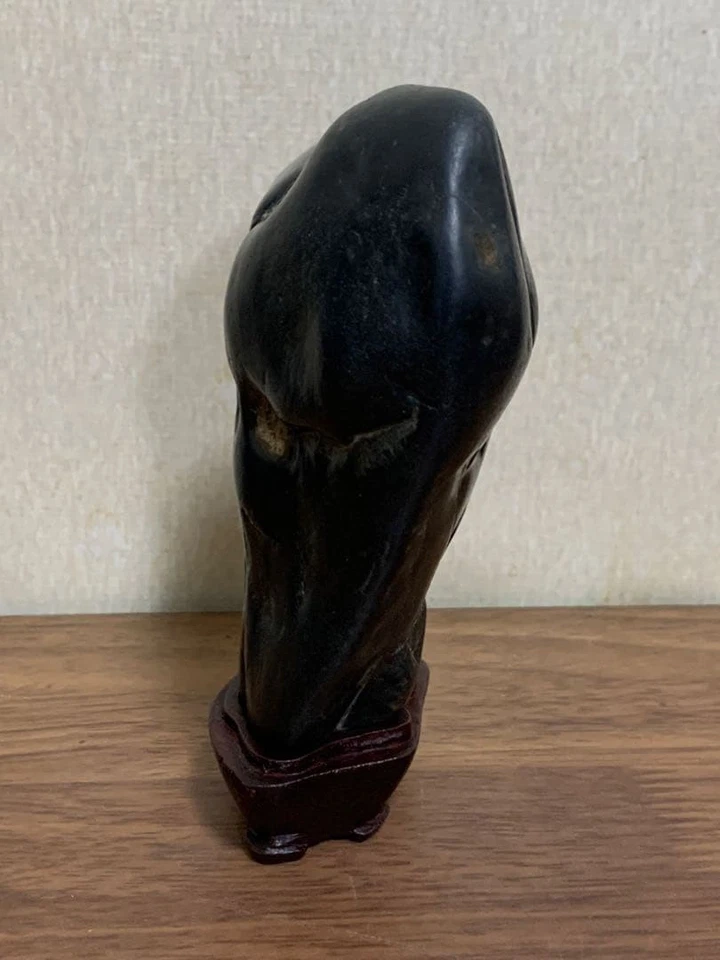 Piedra de visualización natural Hokkaido Kamuikotan negra Suiseki con base Foto 2 de 4