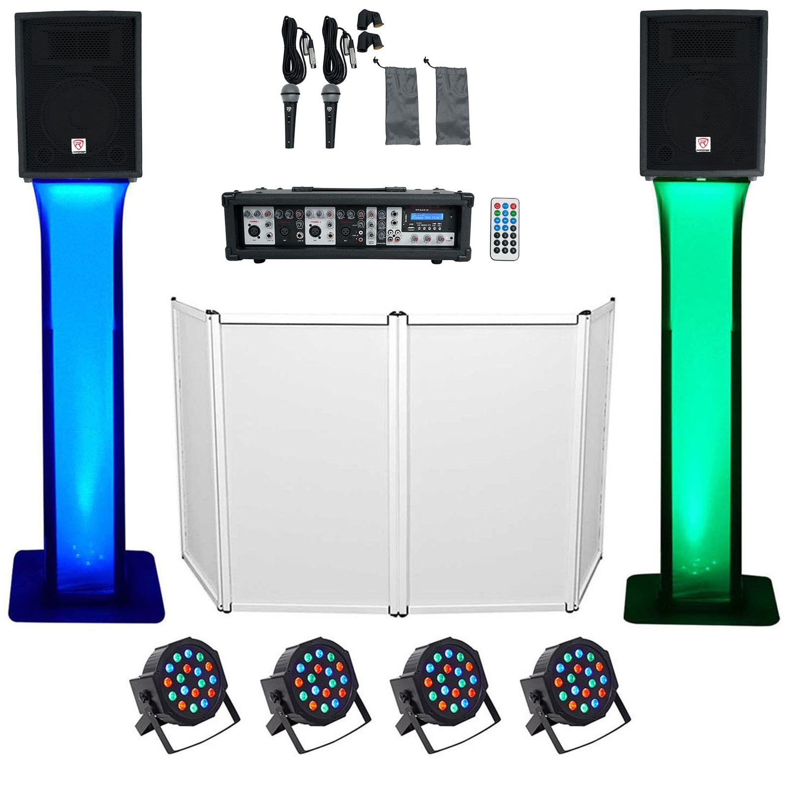 DJ Package 10'' Speakers+Bluetooth Mixer+Mics+Tripod+Totem Stands+Facade+Lights