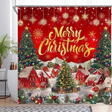 Christmas Red Shower Curtain for Bathroom Winter Xmas Tree Santa North Pole S...