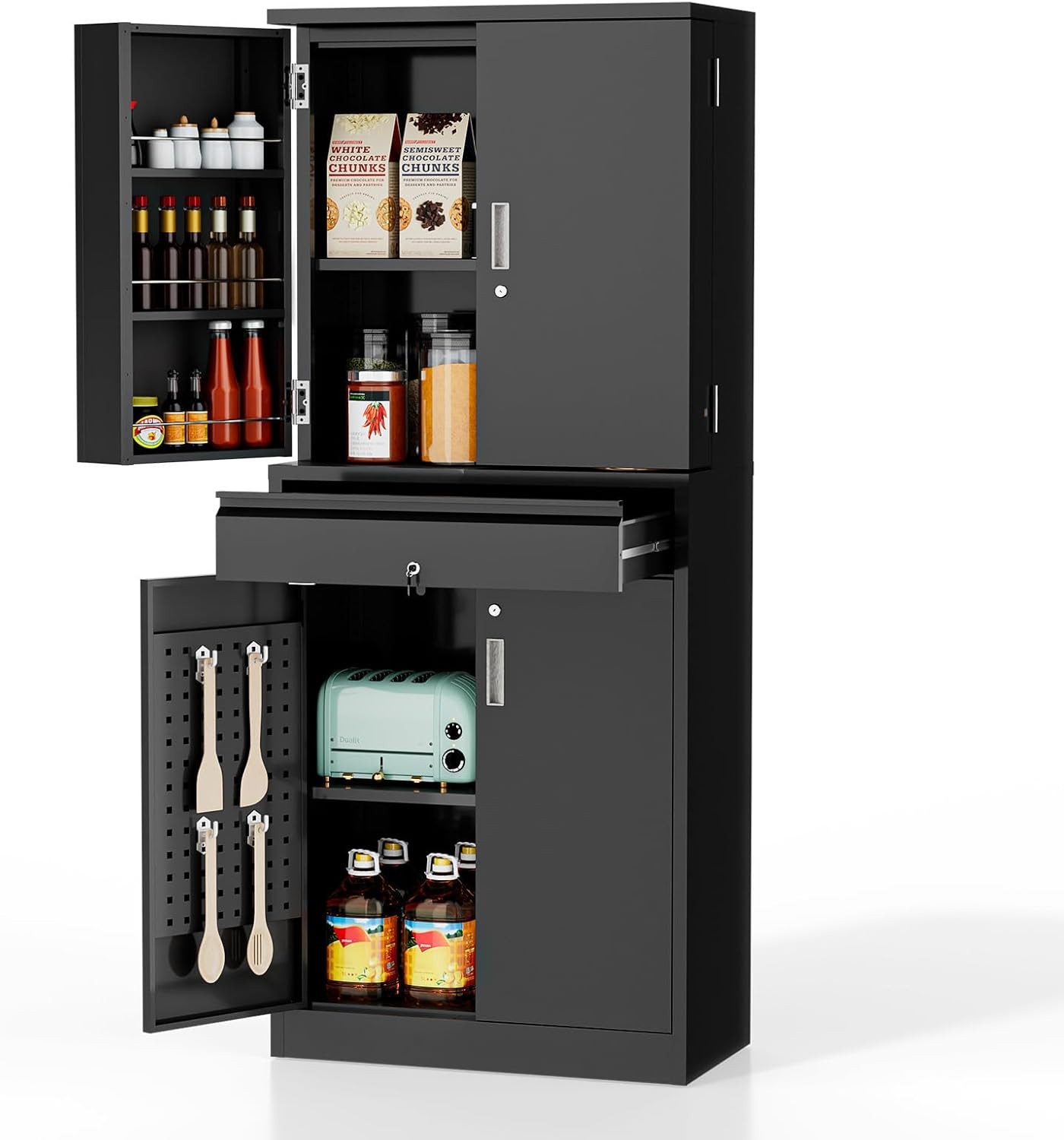 71-Inch Black Metal Pantry Cabinet with Drawers and Doors for Kitchen Storage  