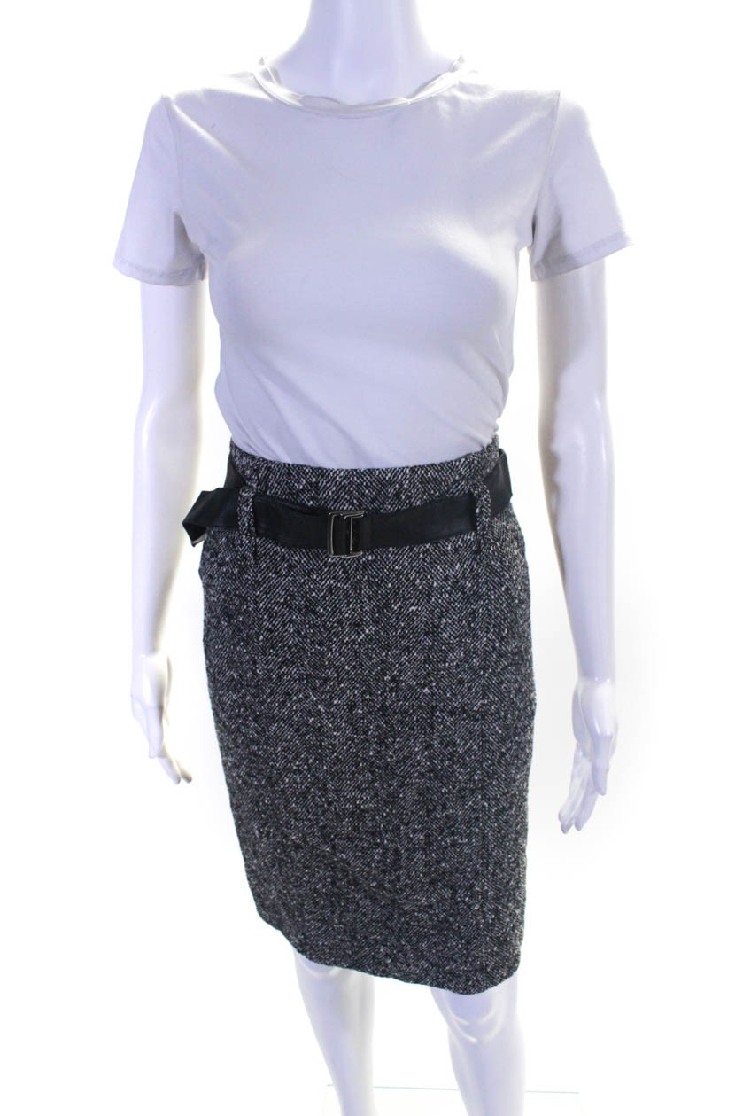 Gerard Darel Women's Zip Closure Belted Herringbone Midi Skirt Black Size 38 LL1Free Shipping in US $100+ Orders | $6.95 Orders Below