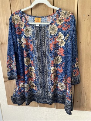 Ruby Rd Blue w Multicolor Floral3/4 Sleeve Top Size L NWOT