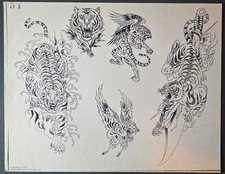 OG Pinky Yun Traditional Japanese Vintage Tattoo Flash Sheet Shop Used, Tigers