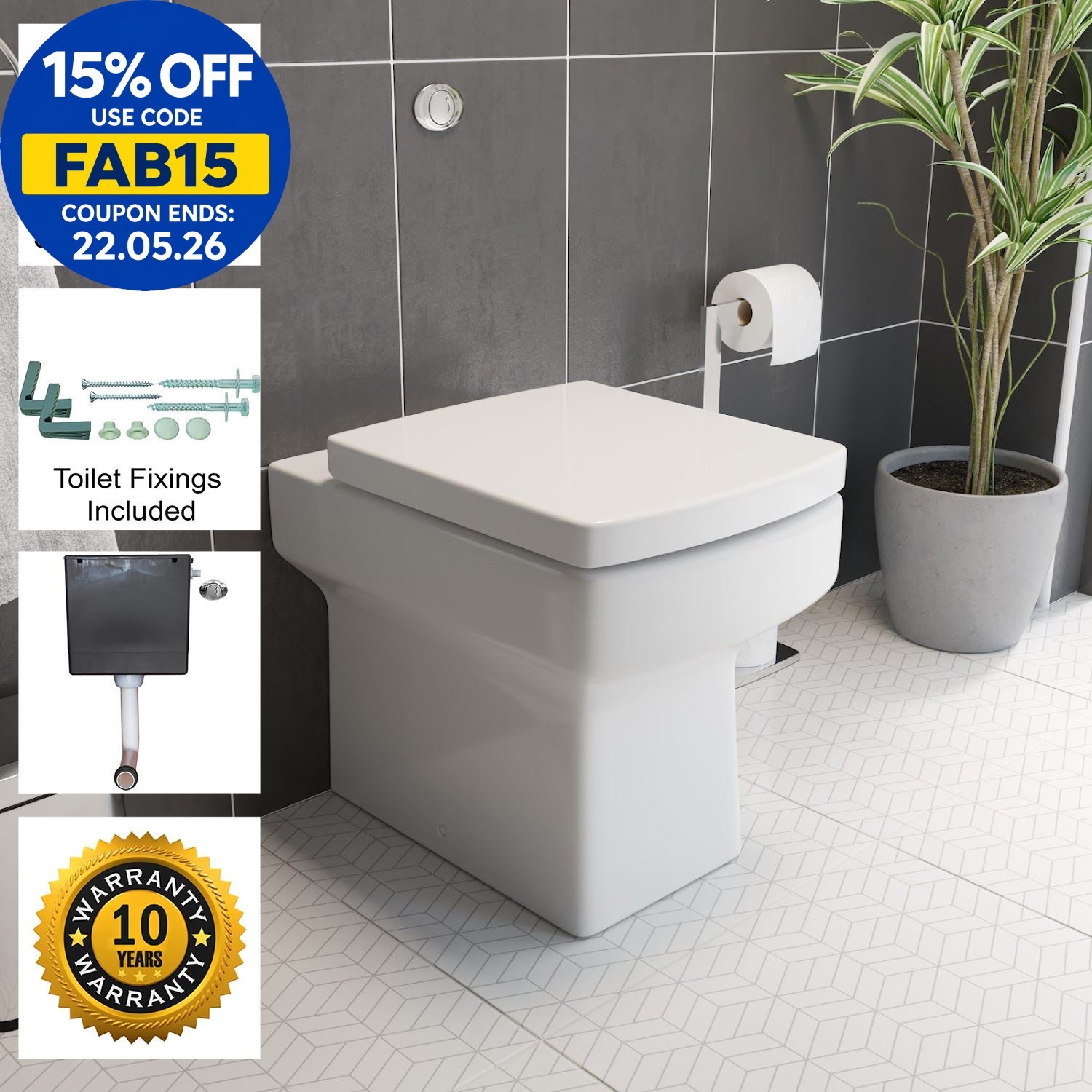 Back To Wall BTW Toilet WC Pan Square Soft Close Seat Cistern Dual Flush Button
