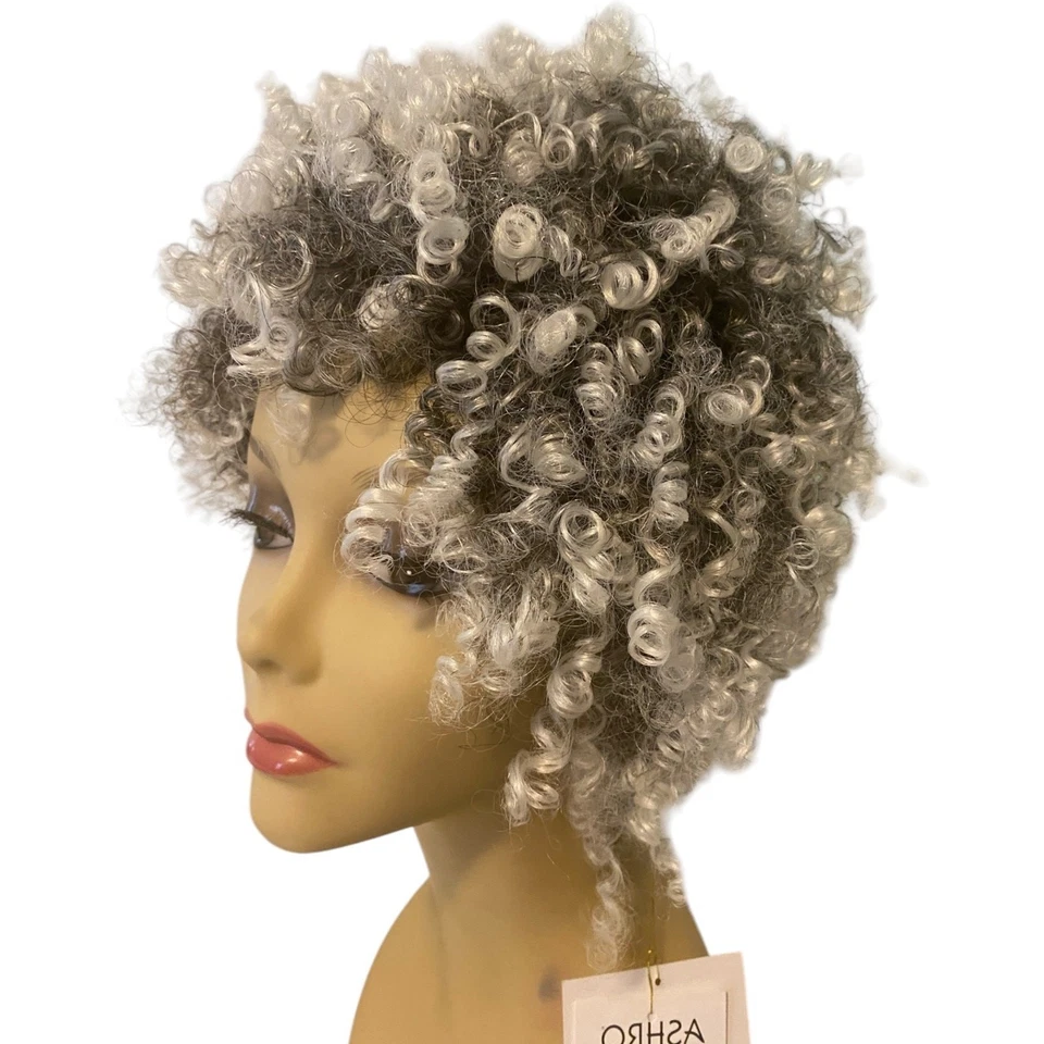 Peluca afro rizos espirales mezcla cabello humano negro plata blanco talla grande nueva con etiquetas Foto 3 de 4