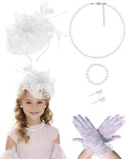 Girls Tea Party Fascinators Hats with Lace Gloves Pearl Necklace Earring White