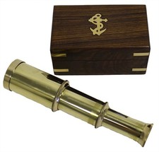 6 Solid Brass Handheld Telescope - Nautical Pirate Spy Glass with Wood Box Ru...