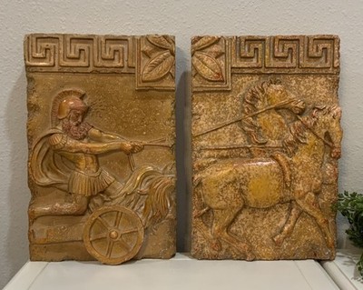 Vtg Resin Bronze Stone Distressed Look Roman Chariot Wall Plaque Hanging Set 2