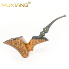 MUXIANG Briar Cherrywood Tobacco Pipe Wooden Smooth Poker Pipe Bent Ebonite Stem