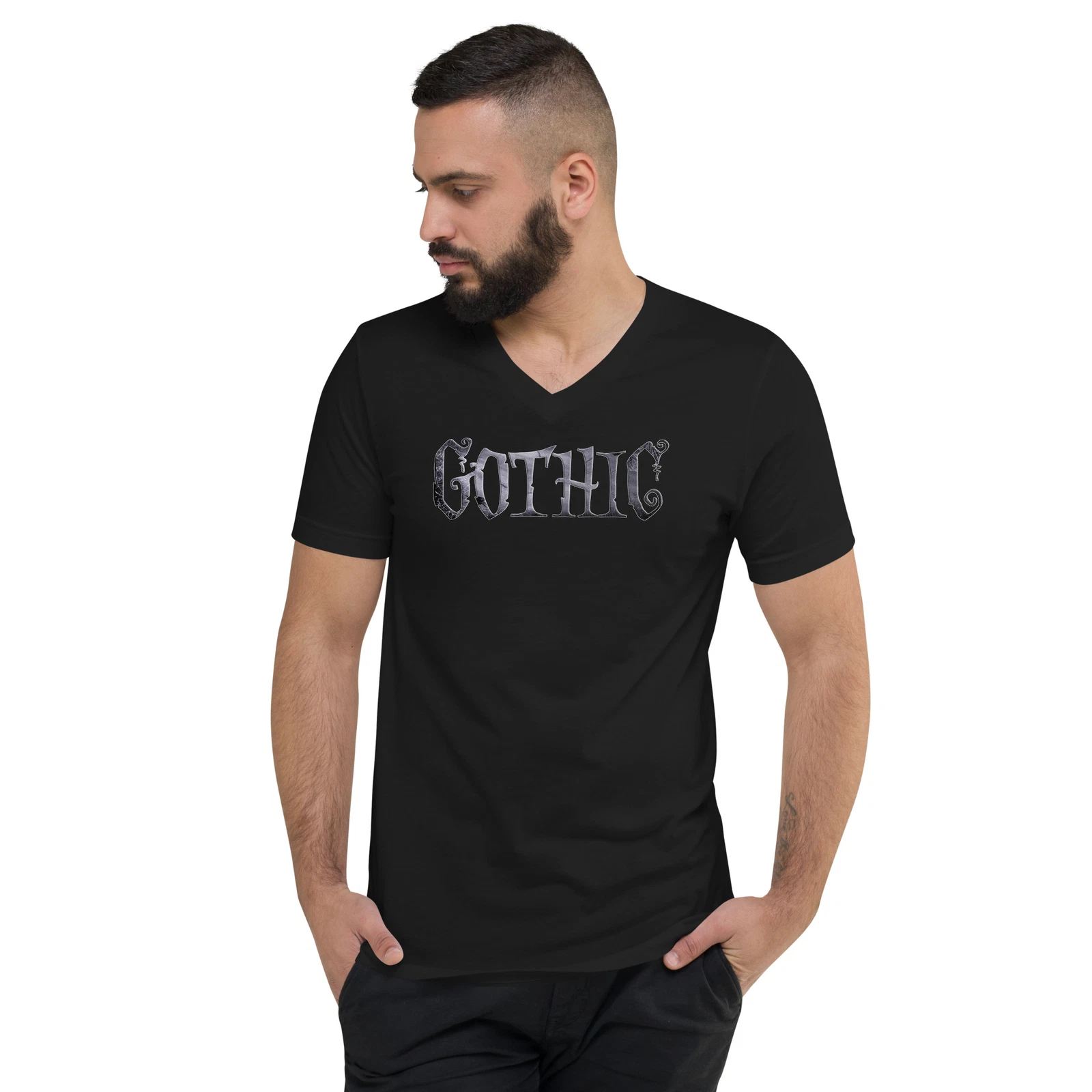 Gothic Spider Web Style Letters Dark Goth Unisex Short Sleeve V-Neck T-Shirt