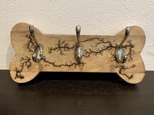 Wooden Dog Bone Shaped 3 Metal Hook Wall Plaque Leash Collar or Towel Holder