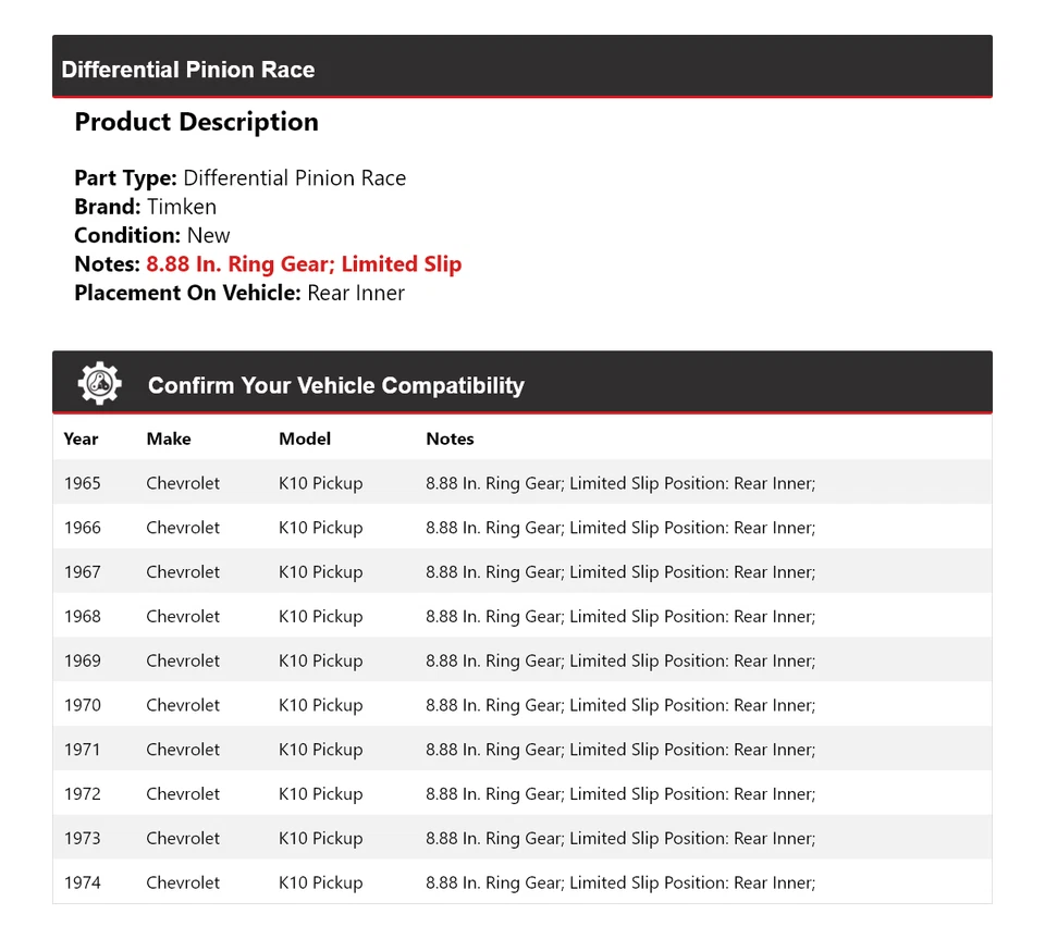 Piñón diferencial carrera interior trasero Timken para camioneta Chevrolet K10 1965-1974 Foto 2 de 4
