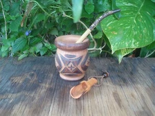 Mate Argentino Hand Carved wooden  Wood Cup , Straw, BONUS Spoon Yerba Mate Ale