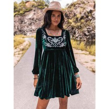 Embroidered Square Neck Long Sleeve Dress