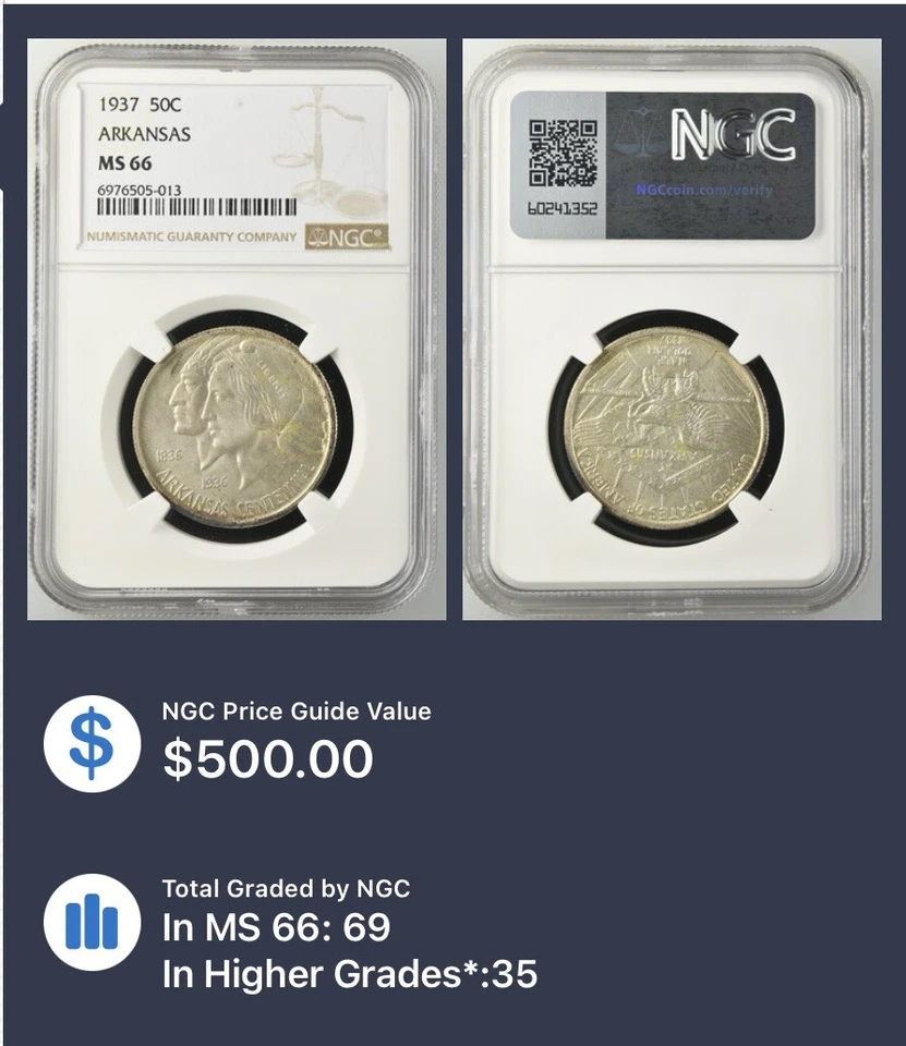 1937 MS66 Arkansas Commemorative Half Dollar NGC Mint State 66 ** Free Shipping! - Image 3 of 3