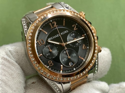 Michael Kors MK6093 Chrono Black Dial Crystals Two-Tone Band Womens Quartz Watch - Picture 4 of 19