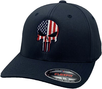 American Flag Skull Flex Fit Hat Navy