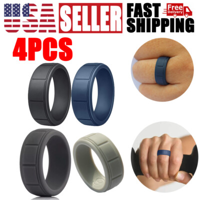 4PCS Silicone Wedding Ring Men's Flex Fit Sport Rubber Band 9-11# Size 8mm Width