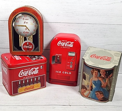 Coca-Cola Collectible Tins Mixed Lot of 4 Vending Machine,Cooler,Clock & Slanted