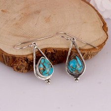 Copper Turquoise Drop Earrings 925 Sterling Silver Handmade Boho Jewelry