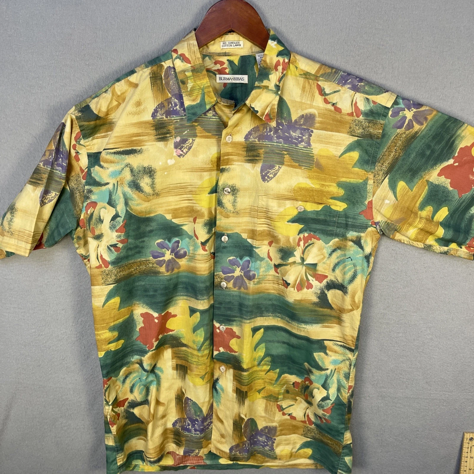 VTG Burma Bibas Shirt Mens Medium Floral Short Sleeve Cotton Lawn 90s Resort