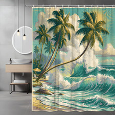 Tropical Beach Palm Trees Wave Shower Curtain Ocean Scene