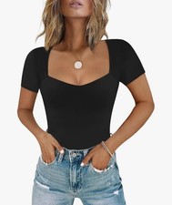 Black Short Sleeve Bodysuit Snap Closure Women  s Size Medium Stretch Capsule