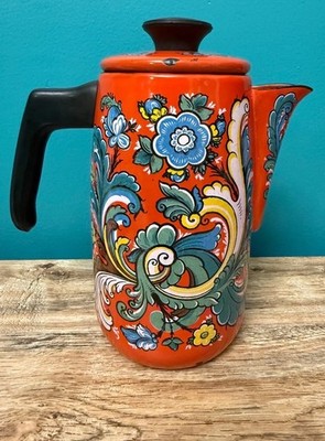 Scandinavian Vintage Coffee Pot Orange Floral Enamelware Retro Boho MCM Carafe