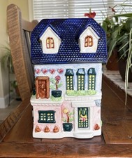 Vintage 1990s Ceramic Townhouse House Cookie Jar Pink Hearts Cobalt Blue Roof