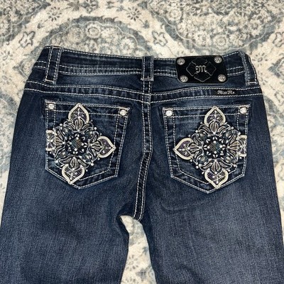 Miss Me Jeans Women 27 Blue Mid Rise Boot Cut MP75568 Embellish Floral New 